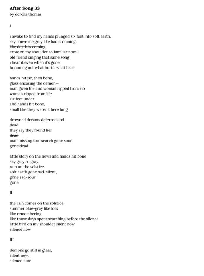 Title: After Song 33

poem:
I.
i awake to find my hands plunged six feet into soft earth,
sky above me gray like bad is coming,
like death is coming
crow on my shoulder so familiar now—
old friend singing that same song
i hear it even when it’s gone,
humming out what hurts, what heals
hands hit jar, then bone,
glass encasing the demon—
man given life and woman ripped from rib
woman ripped from life
six feet under
and hands hit bone,
small like they weren’t here long
drowned dreams deferred and
dead
they say they found her
dead
man missing too, search gone sour
gone dead
little story on the news and hands hit bone
sky gray so gray,
rain on the solstice
soft earth gone sad-silent,
gone sad-sour
gone
II.
the rain comes on the solstice,
summer blue-gray like loss
like remembering
like those days spent searching before the silence
little bird on my shoulder silent now
silence now
III.
demons go still in glass,
silent now,
silence now