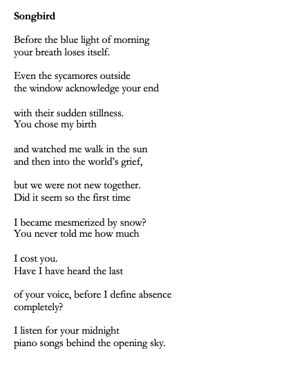 Title:Songbird

Poem: Before the blue light of morning
your breath loses itself.

Even the sycamores outside
the window acknowledge your end

with their sudden stillness.
You chose my birth

and watched me walk in the sun
and then into the world’s grief,

but we were not new together.
Did it seem so the first time

I became mesmerized by snow?
You never told me how much

I cost you.
Have I have heard the last

of your voice, before I define absence
completely?

I listen for your midnight
piano songs behind the opening sky.
